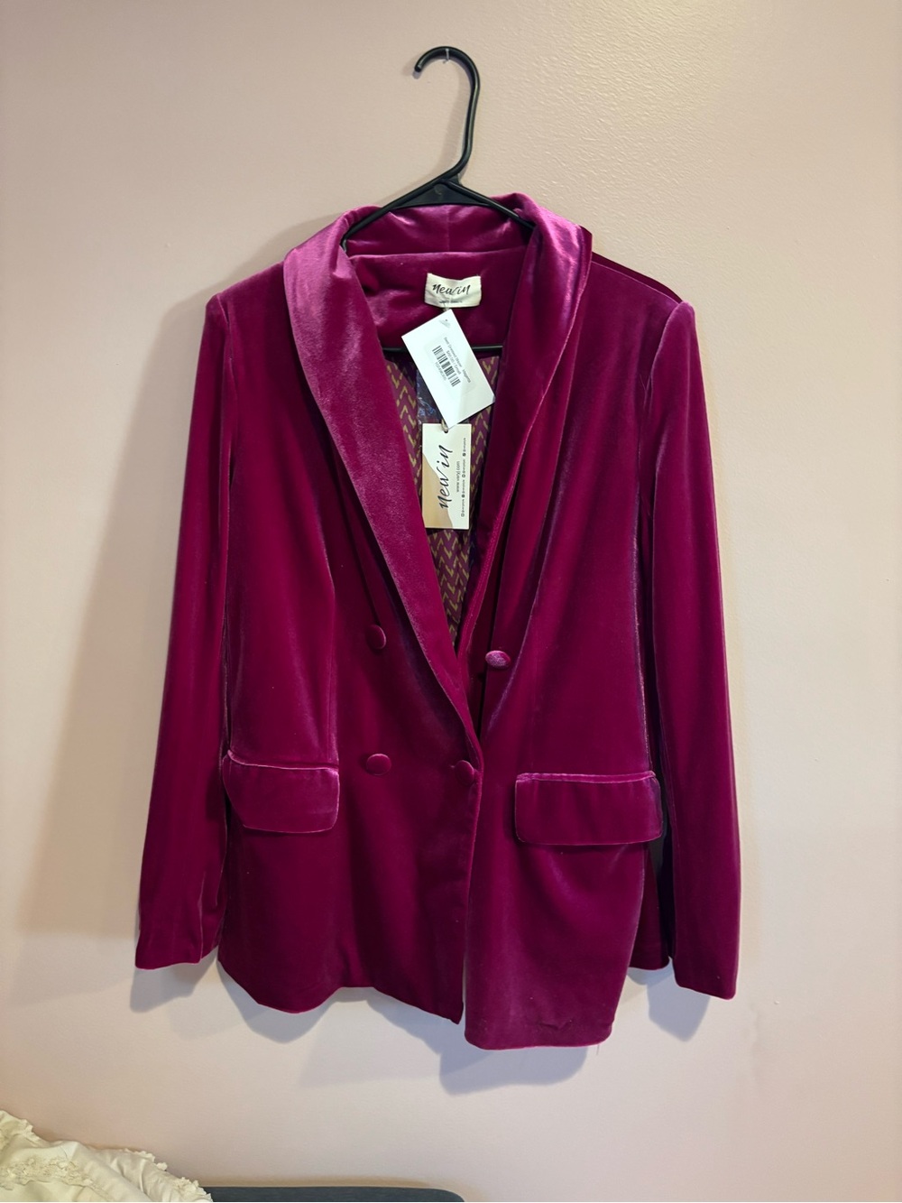 Velvet Double-Breasted Blazer Jacket - Magenta
